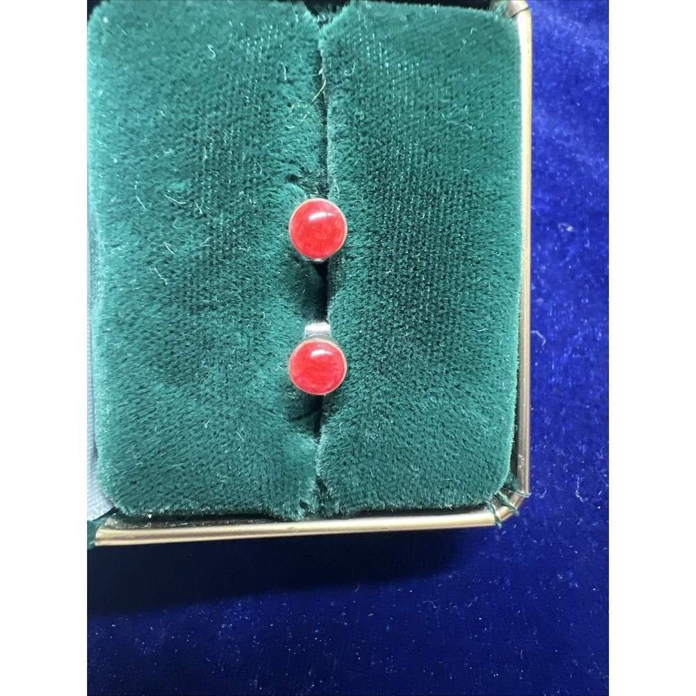 Vintage Red Stone Stud Earrings 925 Sterling Silver